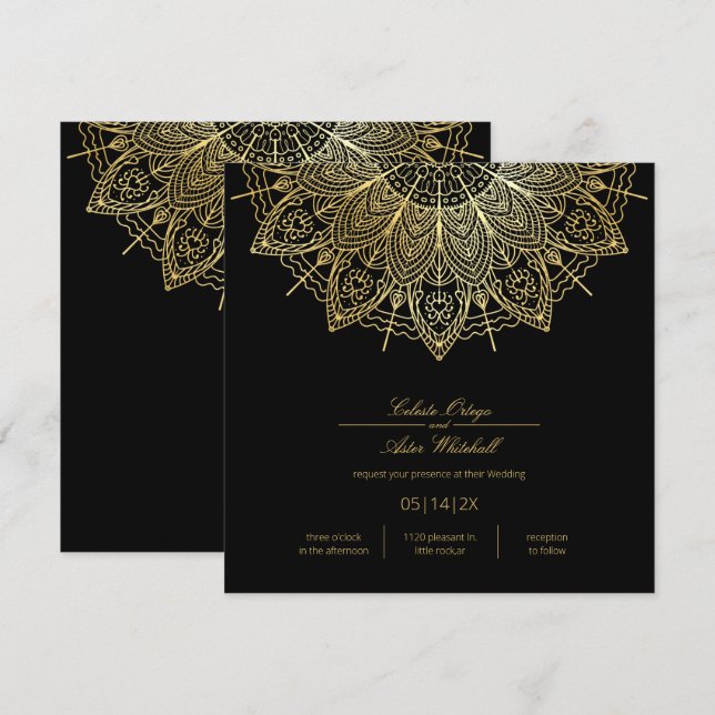 Convite Casamento Negro Simples de Mandala Dourado Elegant (Frente/Verso)