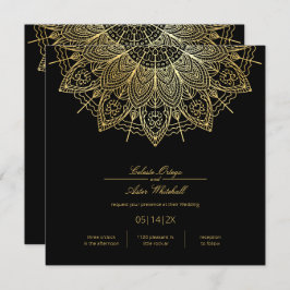 Convite Casamento Negro Simples de Mandala Dourado Elegant