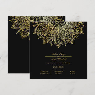 Convite Casamento Negro Simples de Mandala Dourado Elegant