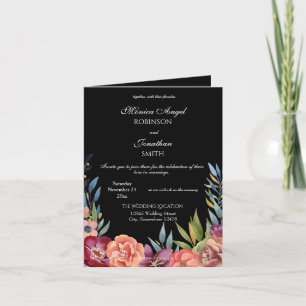 Convite Casamento Negro Tropical de Borgonha Elegante Dobr