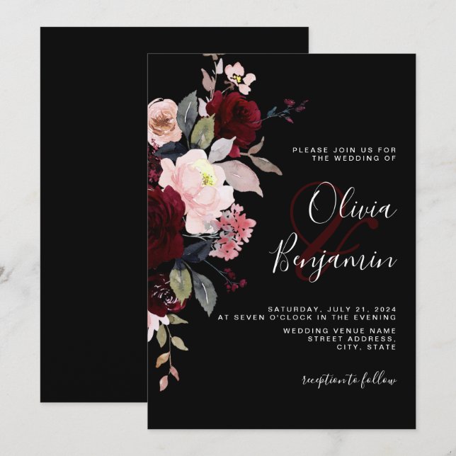Convite Casamento Negro Turvo de Borgonha Negra Floral Ele (Frente/Verso)