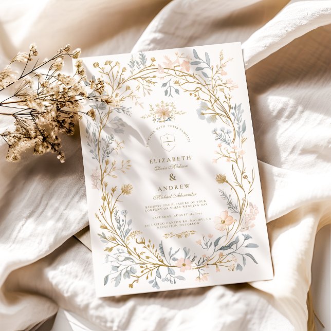 Convite Casamento Neutral de Crest Floral Elegante (Criador carregado)