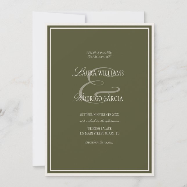 Convite Casamento Neutro Dinheiro Antigo Verde Oliva (Frente)