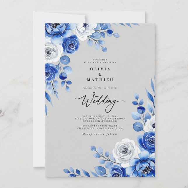 Convite Casamento Nevado com Aquarela Azul Real (Frente)
