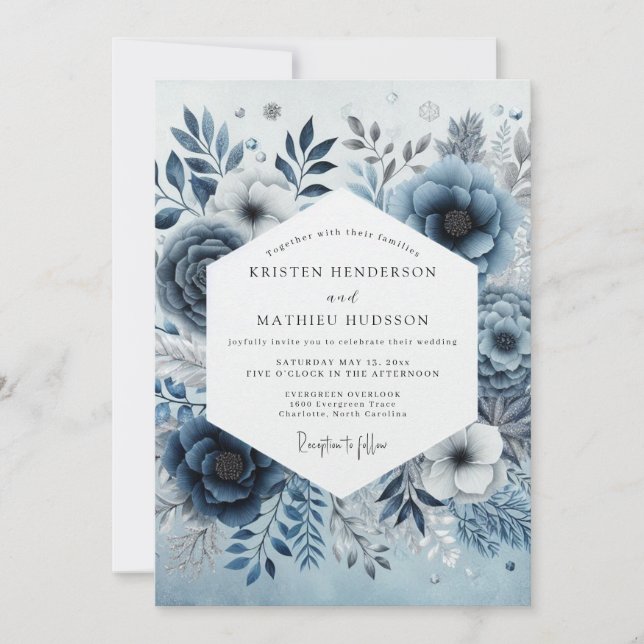 Convite Casamento Névoa Flora Azul Aço (Frente)