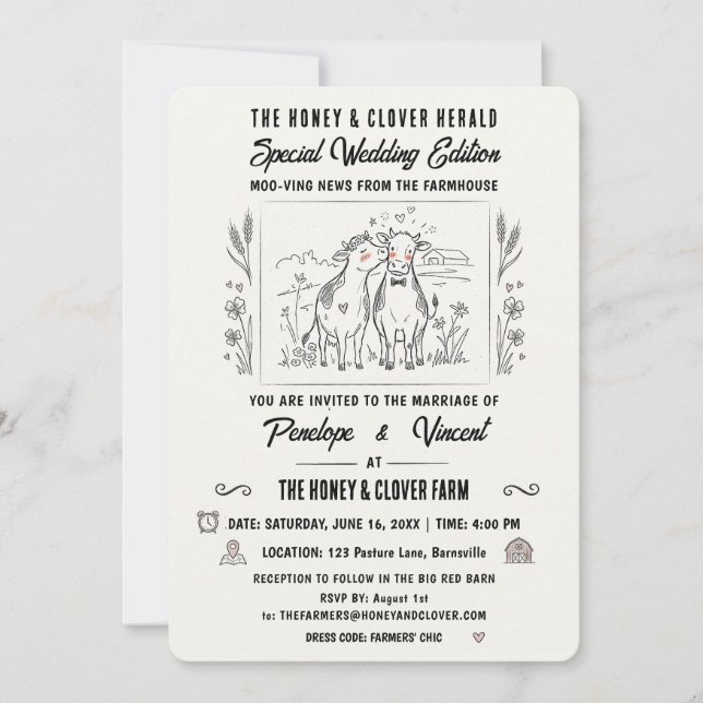 Convite Casamento no Campo com Vacas Beijando (Frente)
