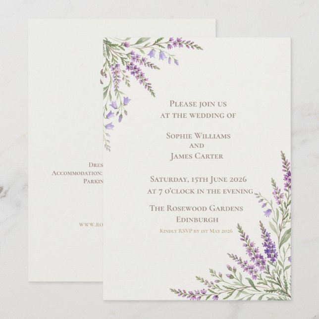 Convite Casamento no Canto de Lavanda com Sinbélgica Escoc (Frente/Verso)