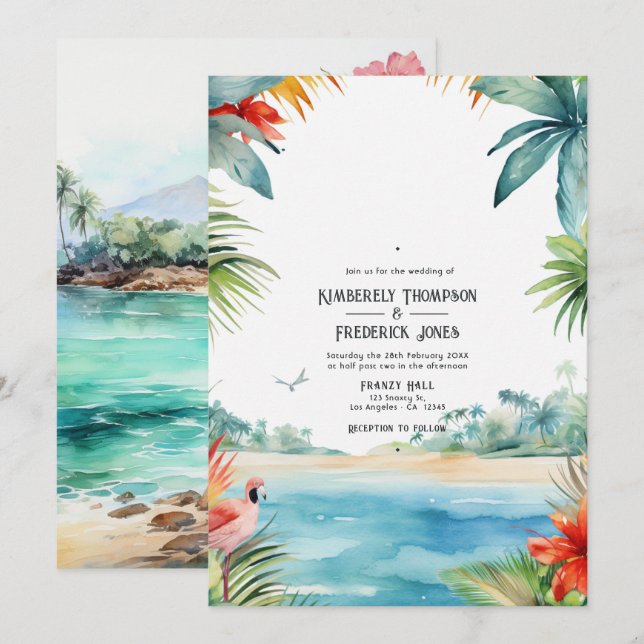 Convite Casamento no Caribe com aguarela (Frente/Verso)
