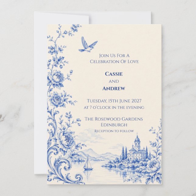 Convite Casamento no Castelo à Beira do Lago com Toile Azu (Frente)