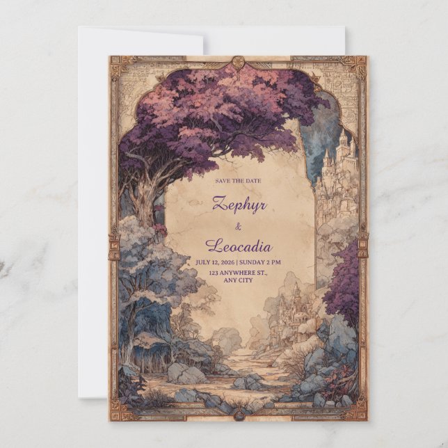 Convite Casamento no Castelo da Árvore Roxa de Fantasia Vi (Frente)