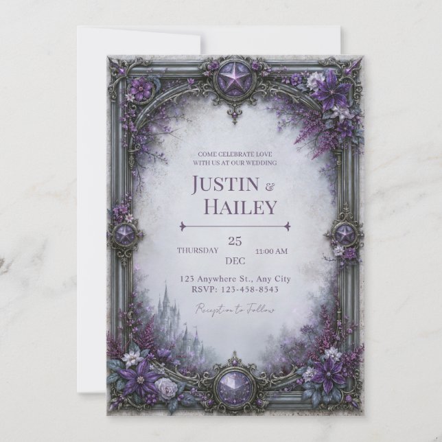 Convite Casamento no Castelo Gótico Roxo (Frente)