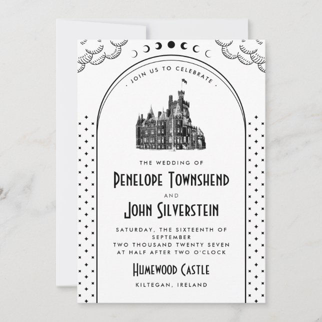 Convite Casamento no Castelo Preto e Branco Art Déco Gótic (Frente)
