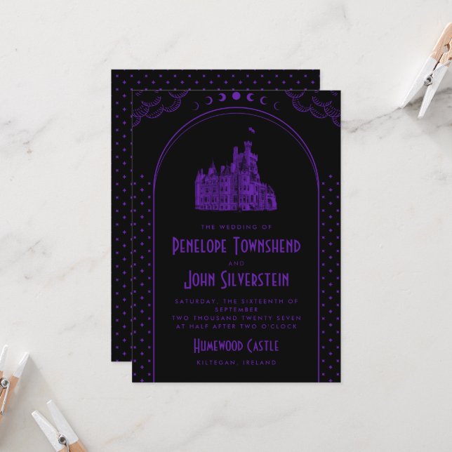Convite Casamento no Castelo Preto Roxo Art Déco Gótico (Frente/Verso In Situ)