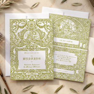 Convite Casamento no Castelo Real Vintage Verde Oliva Medi