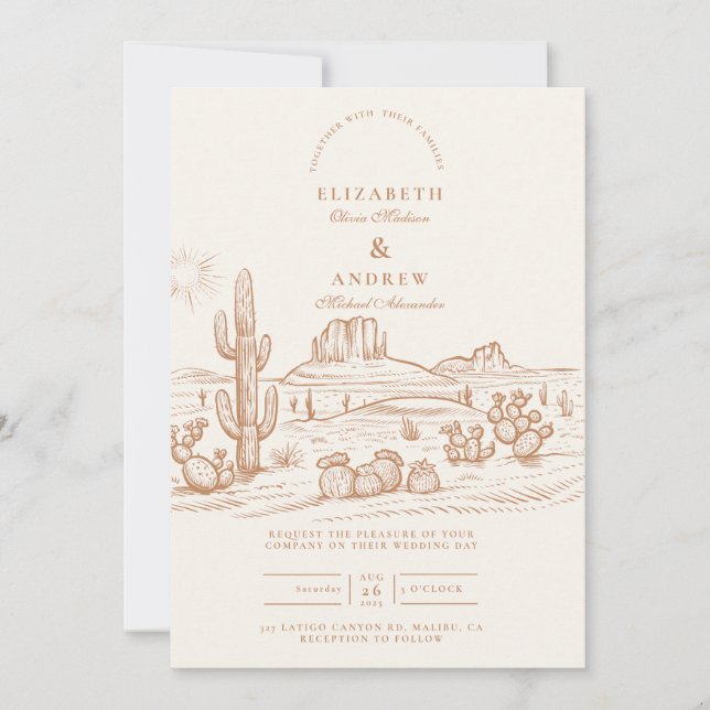 Convite Casamento no Deserto de Cacto Boho Ocidental (Frente)