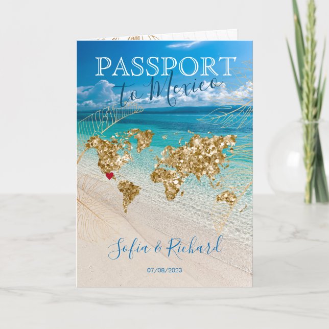 Convite Casamento no Destino México Passaporte Mapa Dourad (Frente)