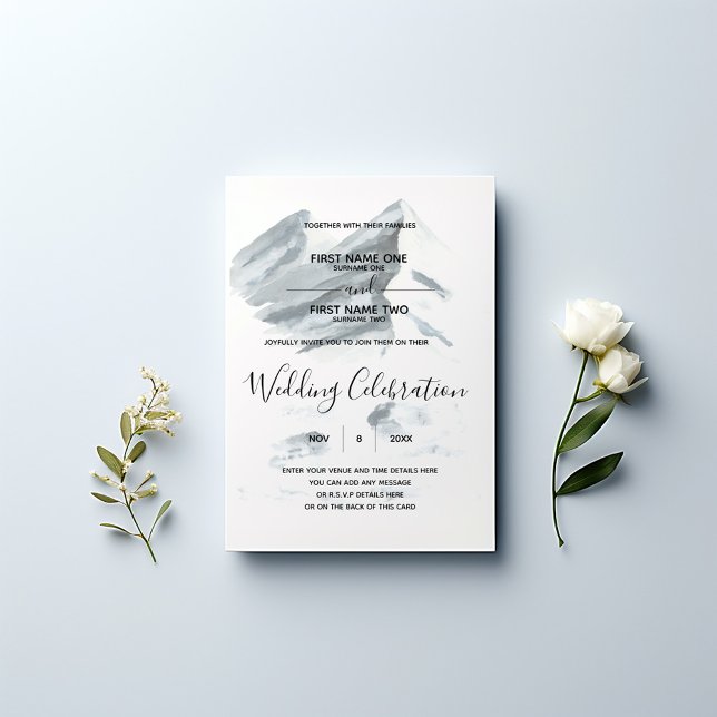 Convite Casamento no inverno (Serene watercolor mountain landscape in soft, muted grey tones wedding invitation.)