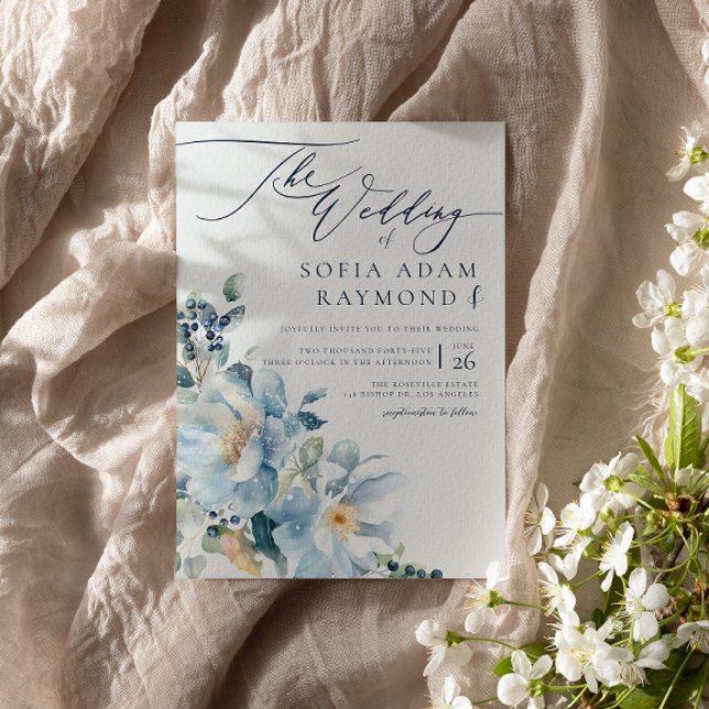 Convite Casamento no inverno Azul de Aquarela (Criador carregado)