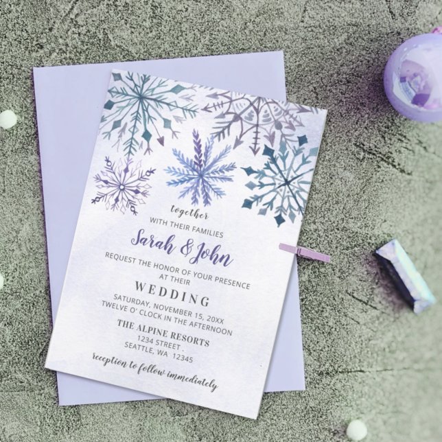 Convite Casamento no inverno Azul de Flocos de Neve com Aq (Criador carregado)