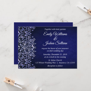 Convite Casamento no inverno azul elegante do damasco