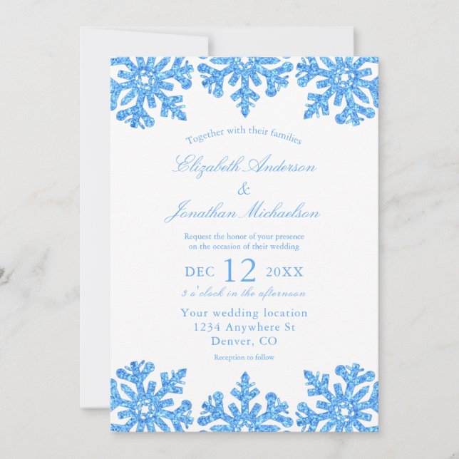 Convite Casamento no inverno Azul Floco de Neve (Frente)