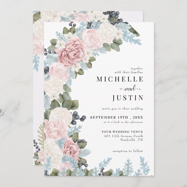 Convite Casamento no inverno Boho Flowers (Frente/Verso)