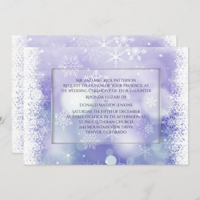 Convite Casamento no inverno Bokah Snowflakes, Roxo (Frente/Verso)