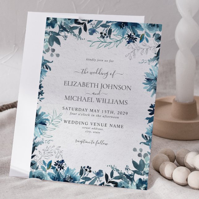 Convite Casamento no inverno Botânico Elegante Blue Waterc (Winter Wedding Invitation)