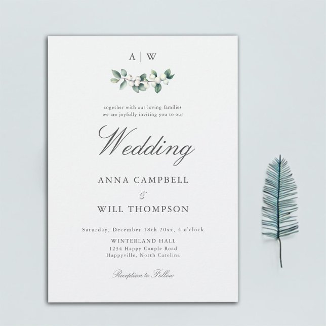Convite Casamento no inverno Clássico Elegante de Snowberr (winter wedding invitation monogram crest watercolor snowberry modern classic elegant traditional)