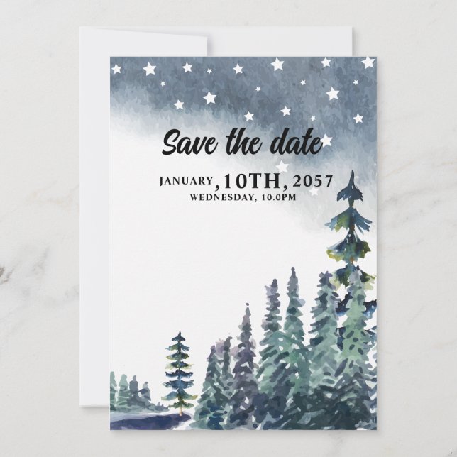 Convite Casamento no inverno com pinheiro azul nevy sky (Verso)