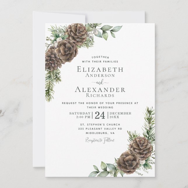 Convite Casamento no inverno de Aquarela Pine Cone Greener (Frente)