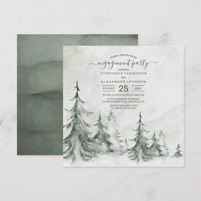 Convite Casamento no inverno de Árvores de Cores Aquáticas (Frente/Verso)