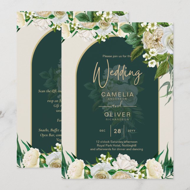 Convite Casamento no inverno de Douradas Rosas Brancas Ver (Frente/Verso)