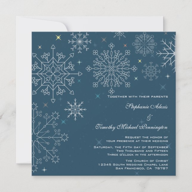Convite casamento no inverno de floco de neve azul marinho (Frente)