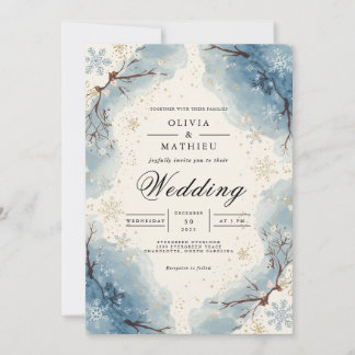 Convite Casamento no inverno de Flocos de Neve Azul Icy
