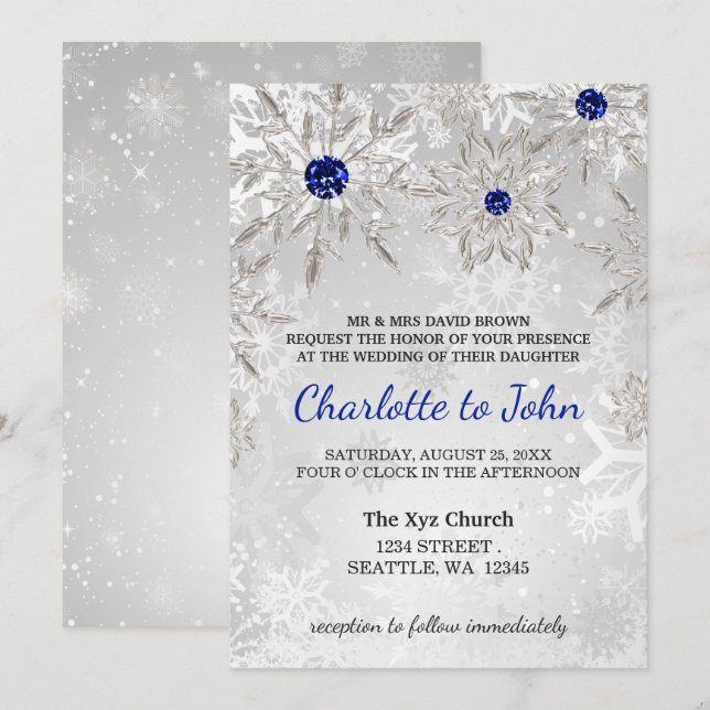 Convite casamento no inverno de flocos de neve azul-real p (Frente/Verso)