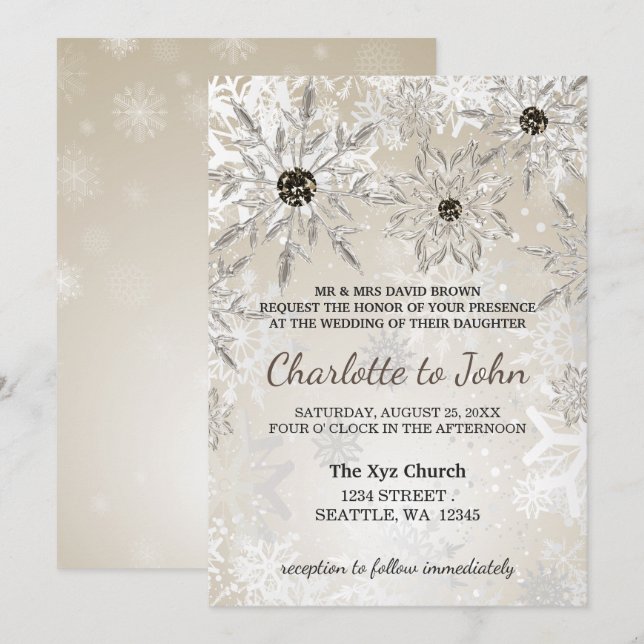 Convite casamento no inverno de flocos de neve de ouro pra (Frente/Verso)