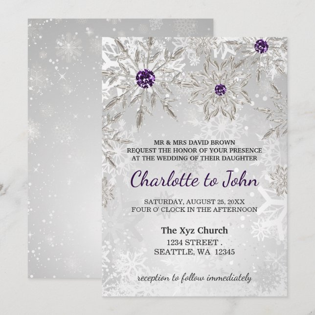 Convite casamento no inverno de flocos de neve roxos prate (Frente/Verso)