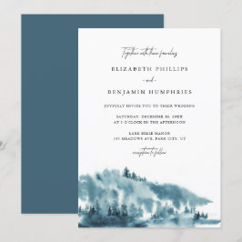 Convite Casamento no inverno de Floresta Azul de Aquarela