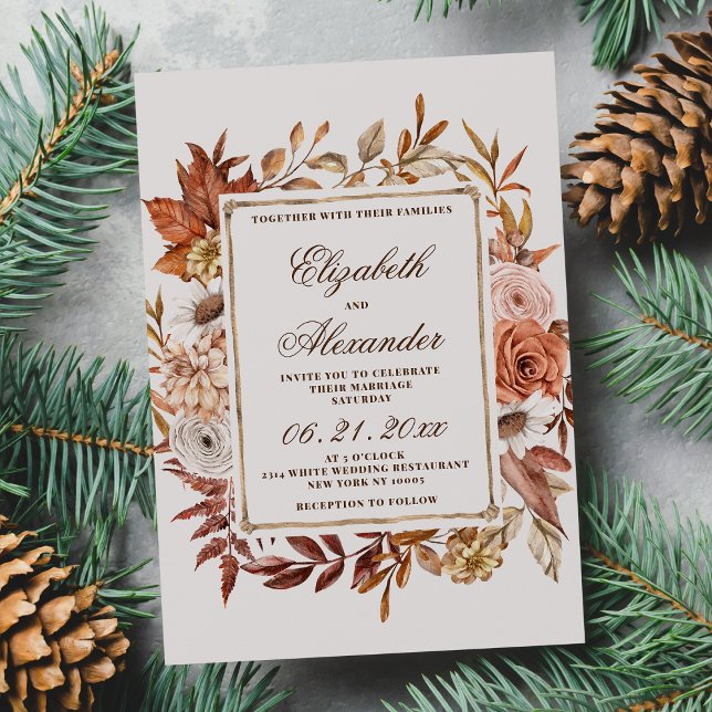 Convite Casamento no inverno de folhas florais laranja cas (Vintage brown orange floral leaves winter wedding)