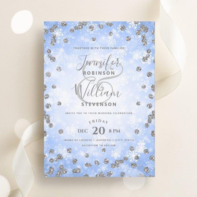 Convite Casamento no inverno de folheto azul de prata fest (Festive Silver Blue Glitter Winter Wedding Invitation)