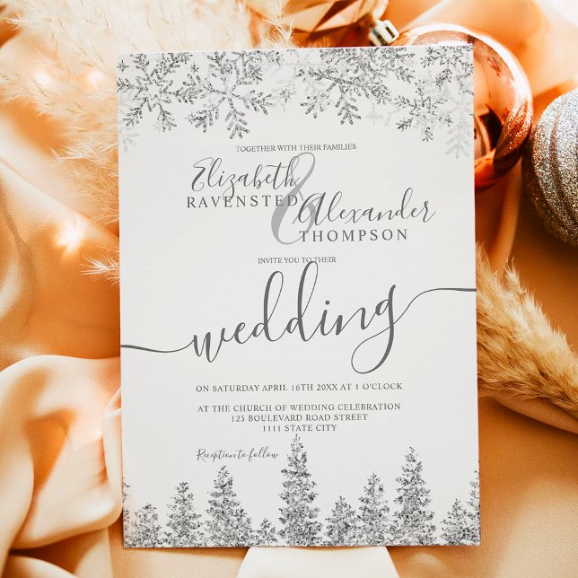 Convite Casamento no inverno de Natal branco com pinheiro  (Silver snow pine white Christmas winter wedding Invitation)