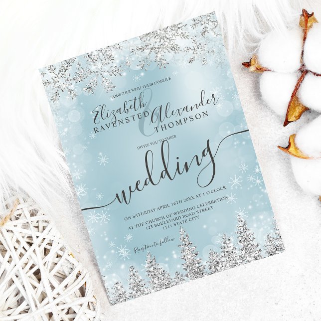 Convite Casamento no inverno de Natal do pinheiro azul de  (Silver ice blue snow pine Christmas winter wedding Invitation)