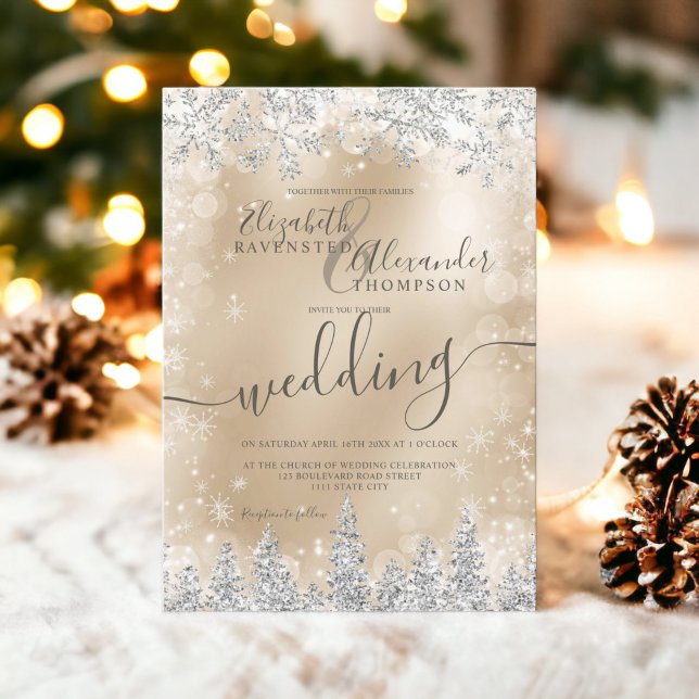 Convite Casamento no inverno de Natal do pinheiro de ouro  (Silver gold snow pine Christmas winter wedding Invitation)