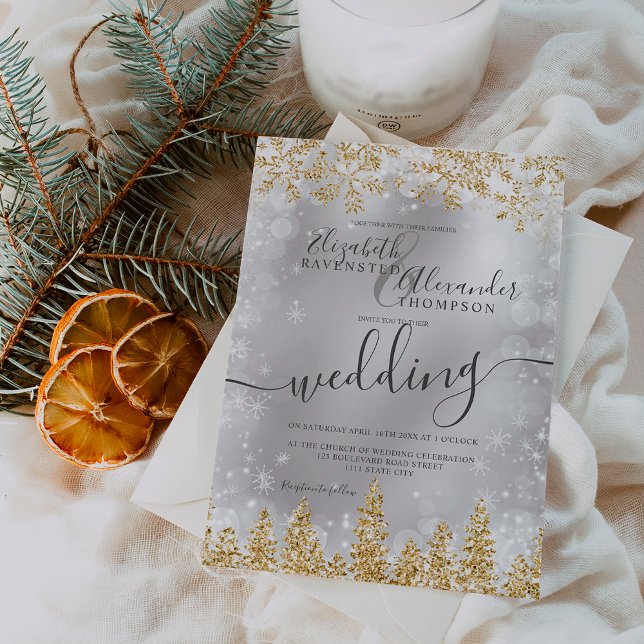 Convite casamento no inverno de Natal do pinheiro prateado (Gold silver snow pine Christmas winter wedding Invitation)