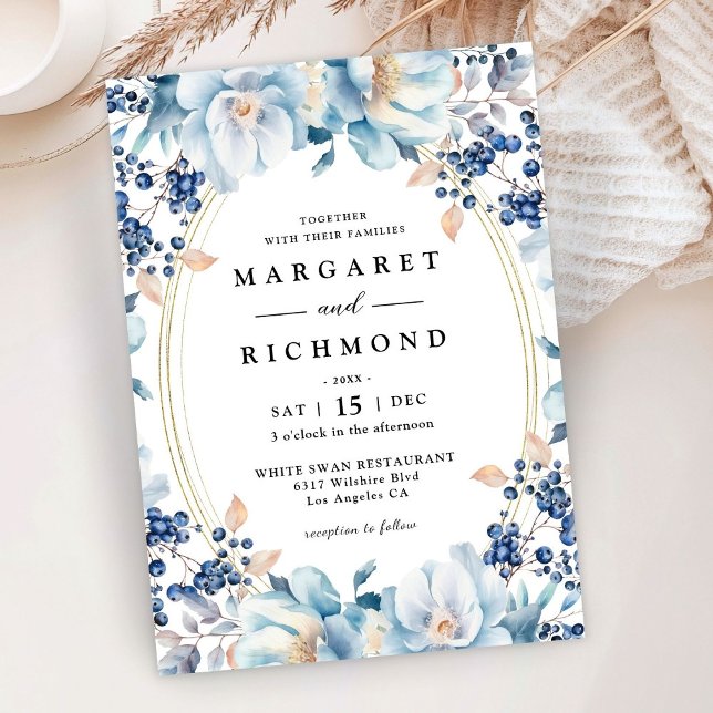 Convite Casamento no inverno de Natal Dusty Blue Floral Be (Criador carregado)