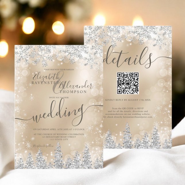 Convite Casamento no inverno de Natal qr do pinheiro de ou (Silver gold snow pine Christmas winter wedding qr Invitation)
