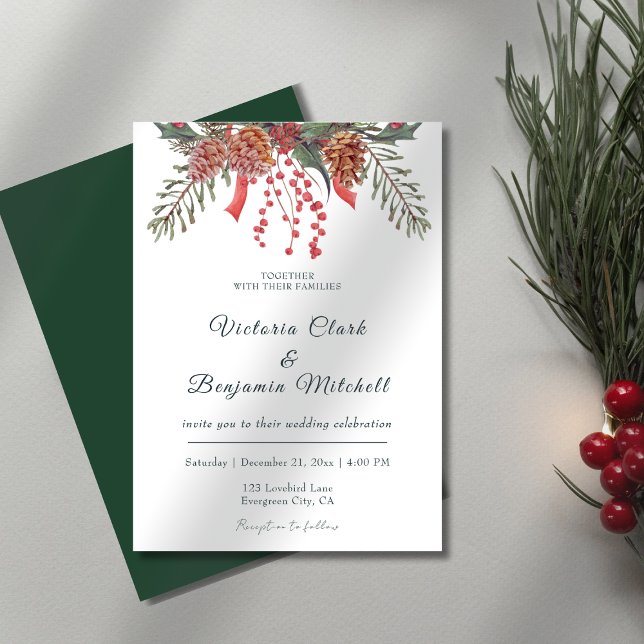 Convite Casamento no inverno de Natal Rustic Pine Cone Gre (Rustic Pine Cone Greenery Christmas Winter Wedding Invitation)