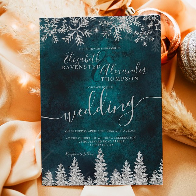 Convite Casamento no inverno de Natal verde com pinheiro d (Silver snow pine green Christmas winter wedding Invitation)