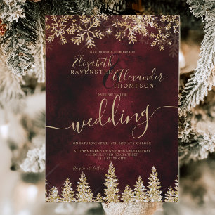 Convite Casamento no inverno de Natal vermelho com pinheir